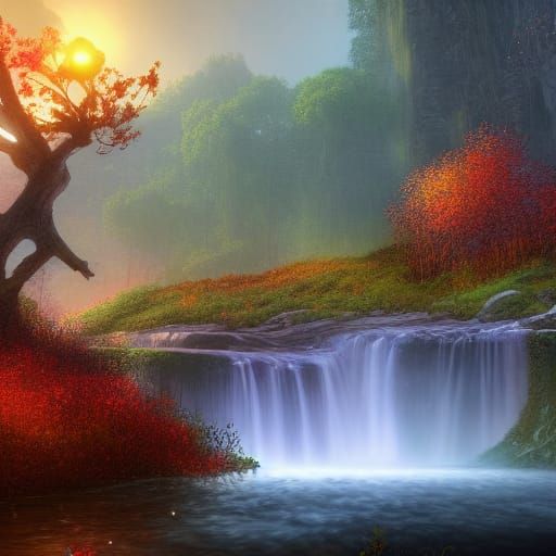 Autumn Waterfall Fantasy Landscape in Detailed Painting