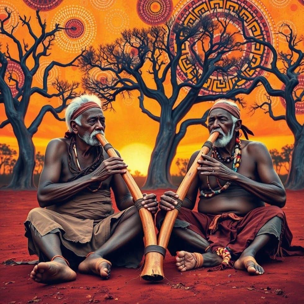 Aboriginal Elders Playing Didgeridoos in Sunset Landscape