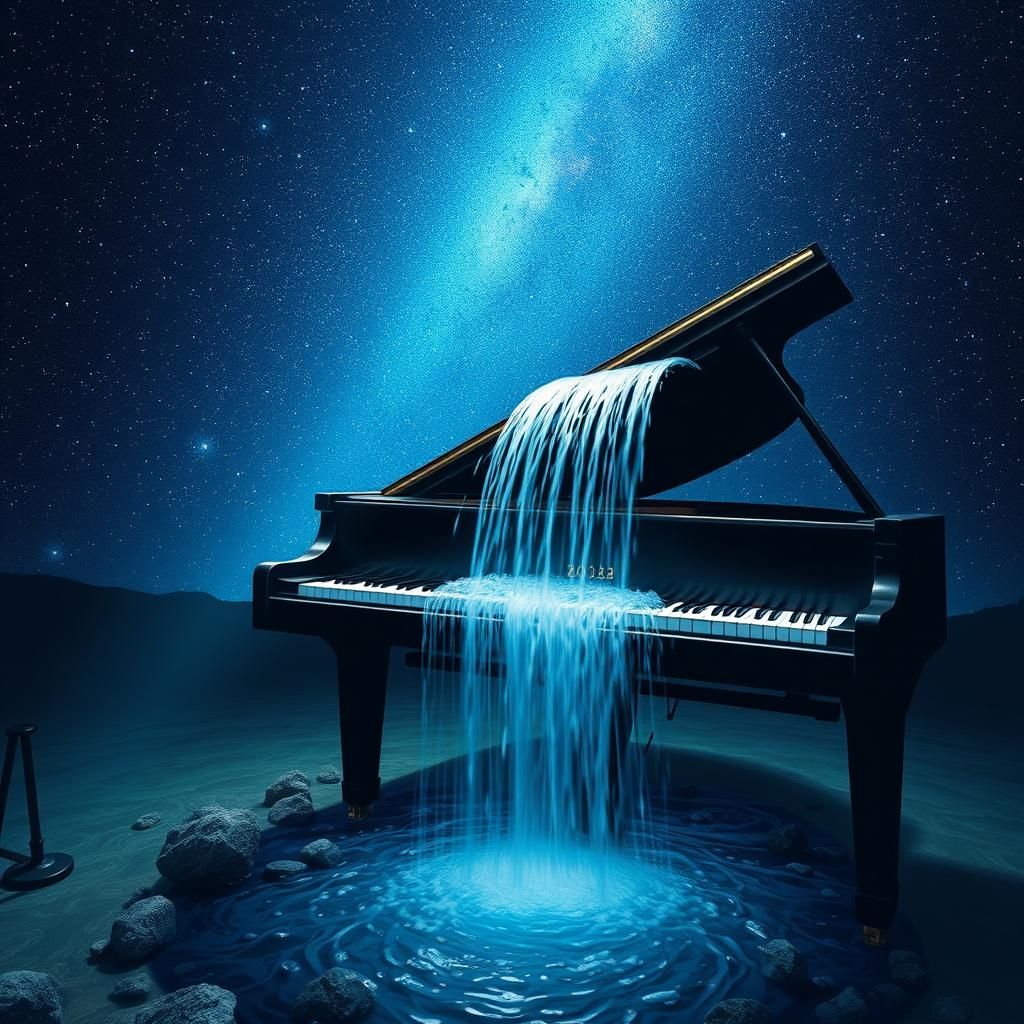 Waterfall Piano Under Starry Night Sky