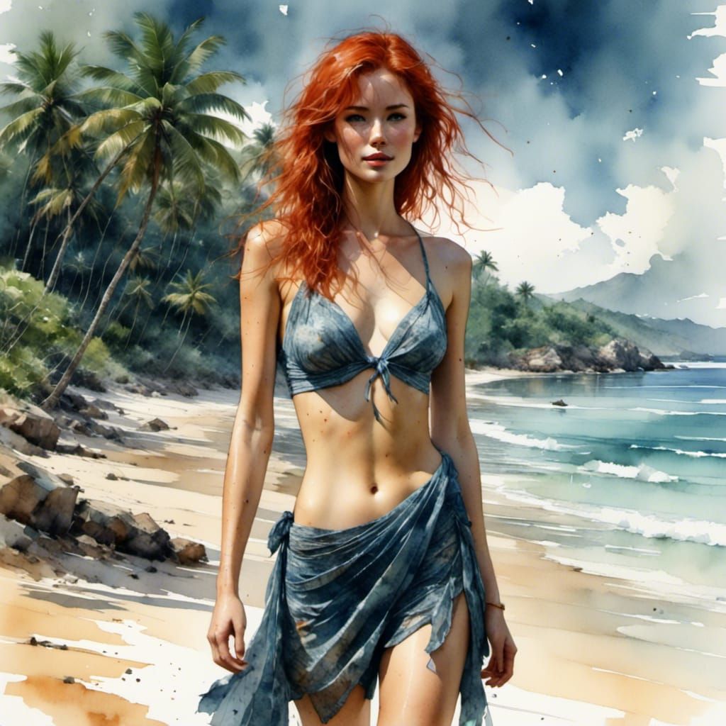 Freckled Redhead in Bikini on Tropical Beach