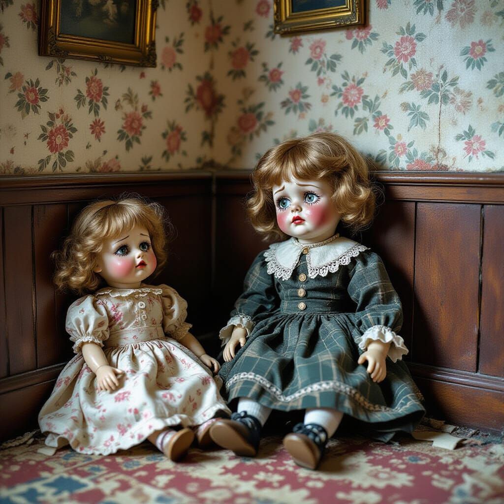 Melancholy Doll Cries in Victorian Room