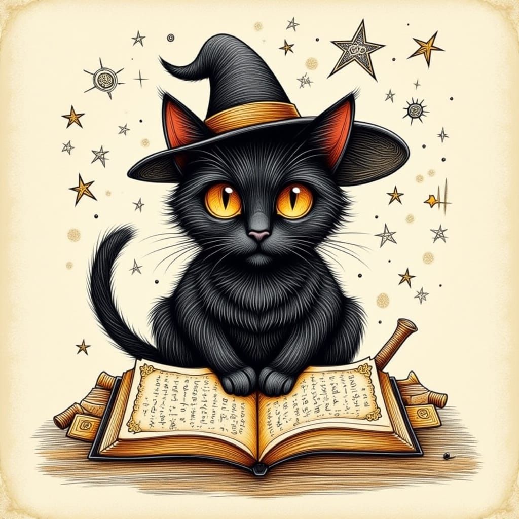 Whimsical Sketch of a Magical Black Cat