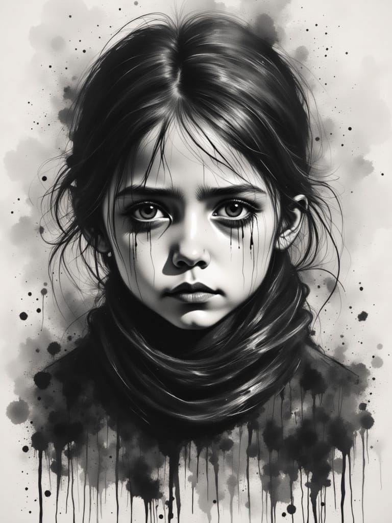 Monochromatic Ink Drawing of a Young Uighur Child