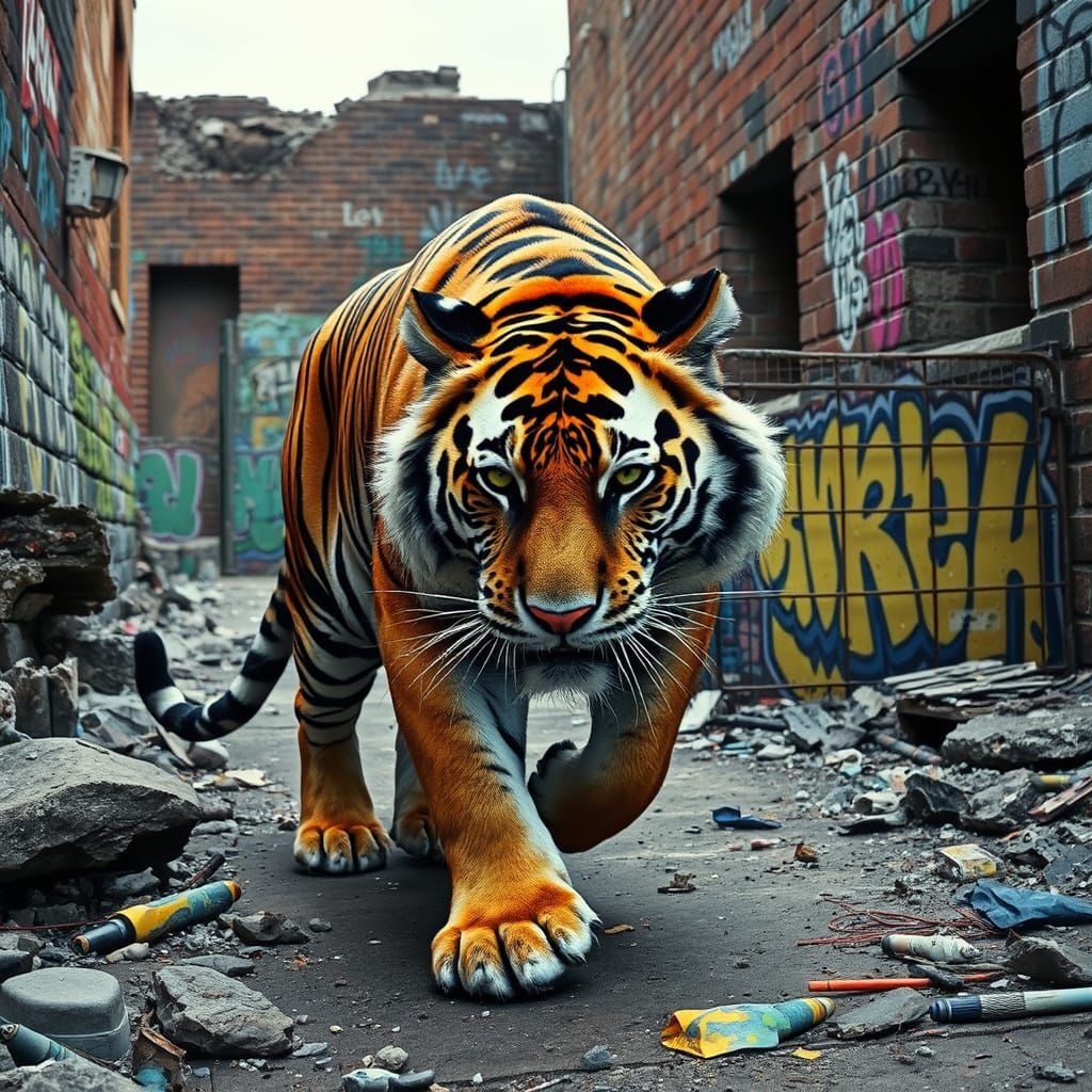 Bengal Tiger Prowling Vibrant Graffiti City