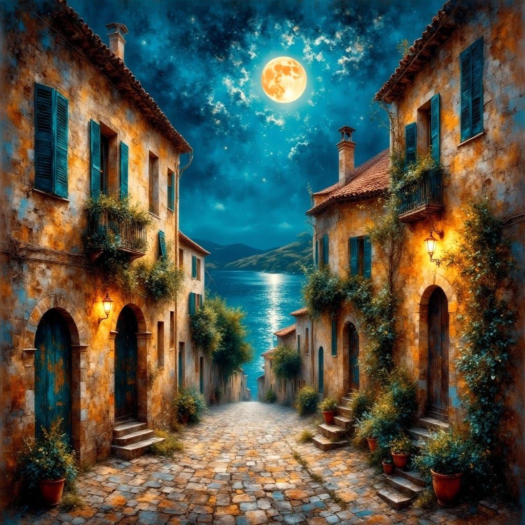 Mediterranean Town Street at Night as Acrylic Painting