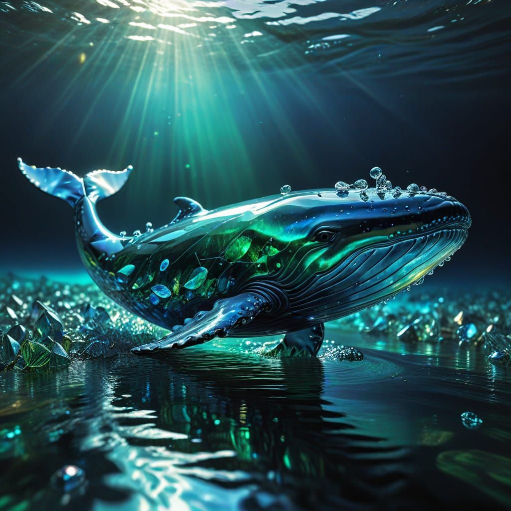 Ethereal Crystal Glass Whale in Dreamlike Oceanic Scene