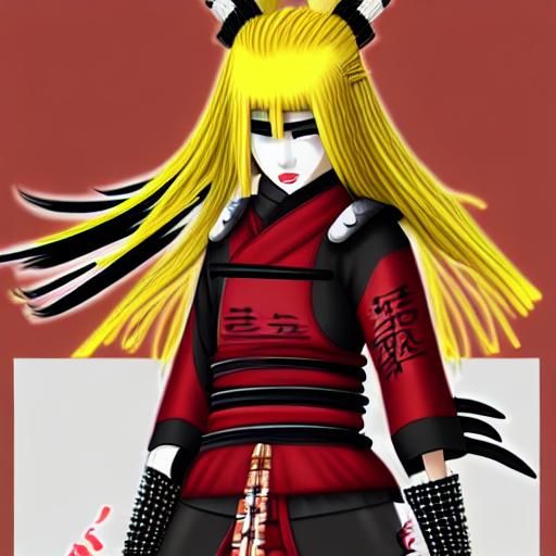 matashi kishimoto yellow hair woman samurai ninja, dark red with some black and white on the outfit outfit samurai ninja...