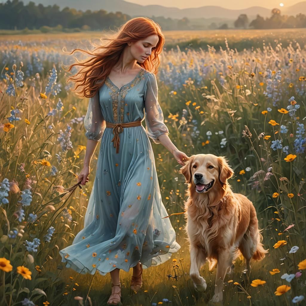 Auburn Lady in Wildflower Field: Fantastical Concept Art