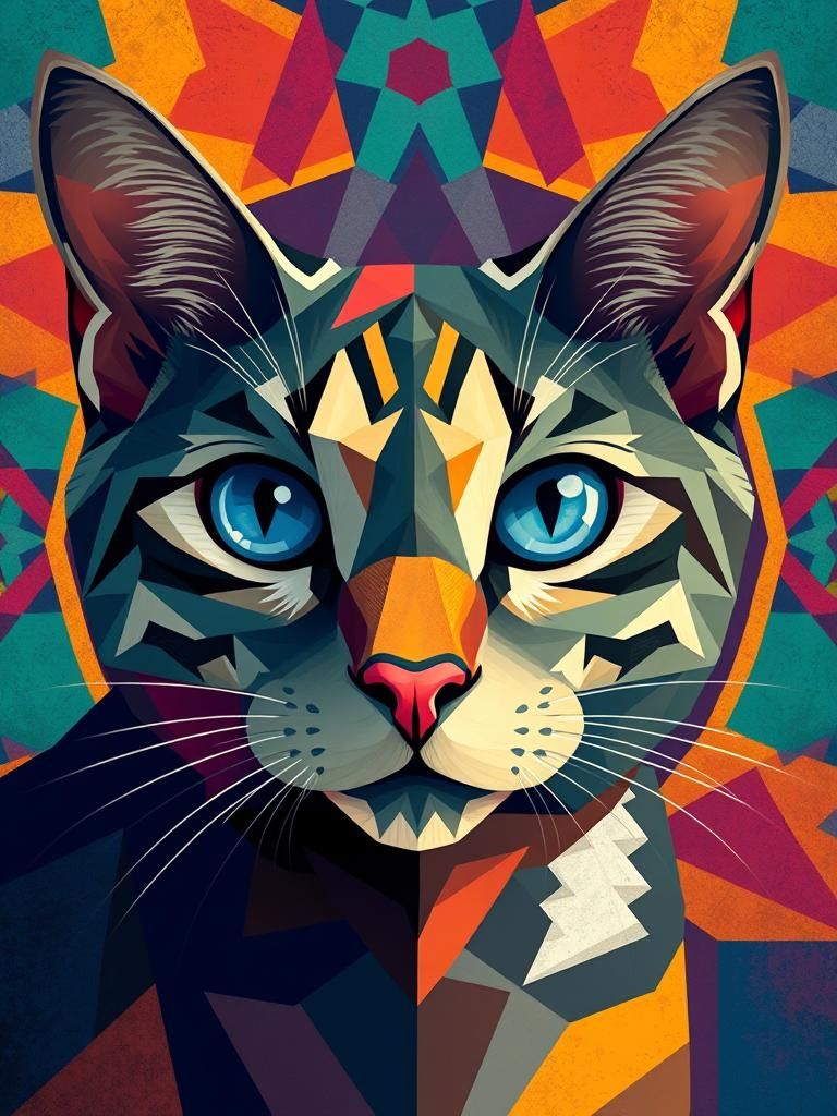 Blue-Eyed Cat in Cubist Geometric Art Style