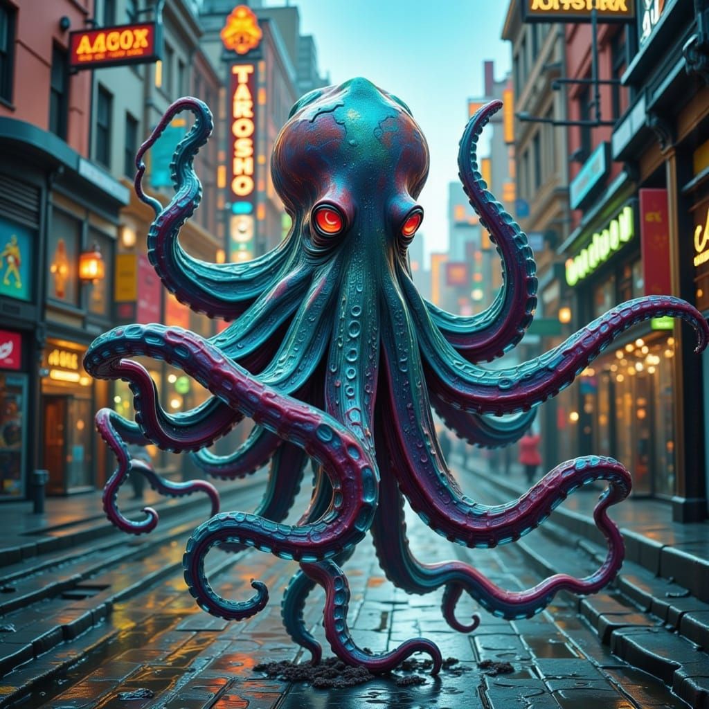 Cephalopod Navigating City Streets in Stained Glass Style