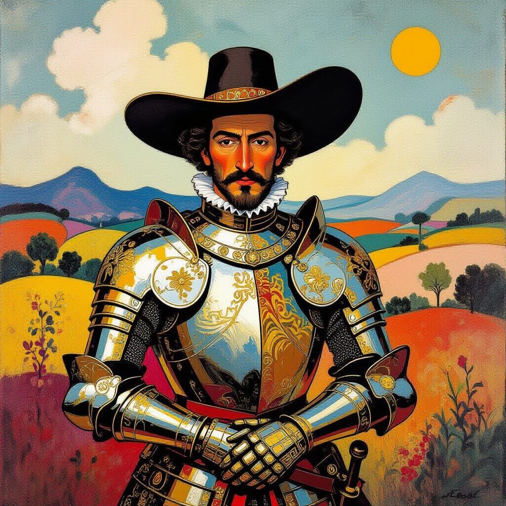 Don Quixote in Dreamlike Landscape with Ornate Armor