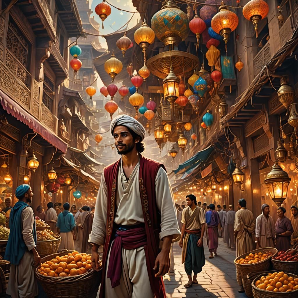 Aladdin and Abu in Vibrant Marketplace Concept Art
