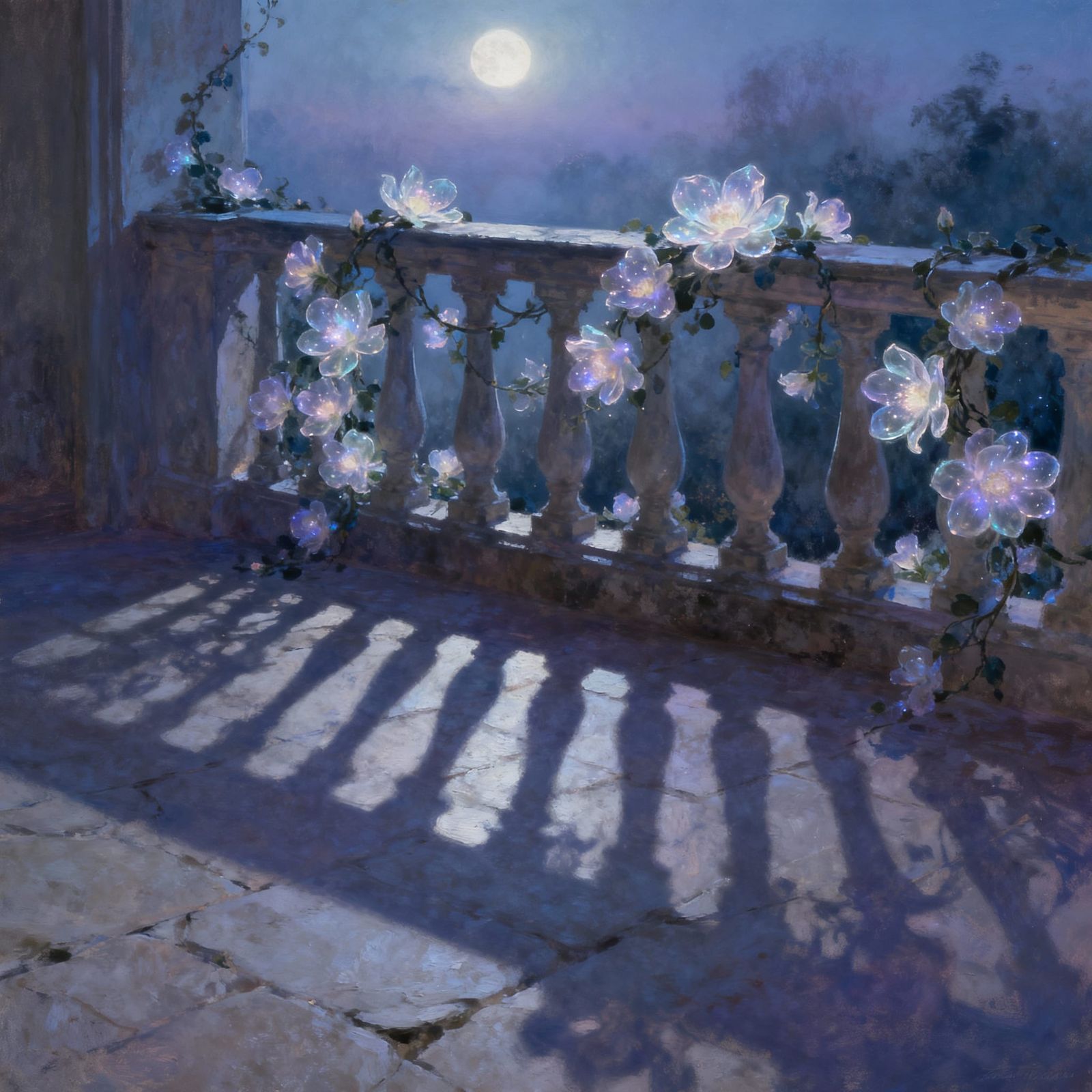 Dreamlike Balcony Under Celestial Moonlight