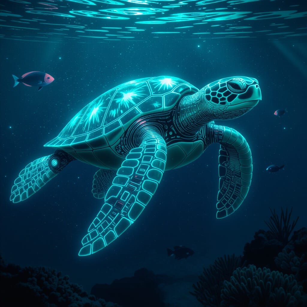 Bioluminescent Biomechanical Sea Turtle in Cyberpunk Style