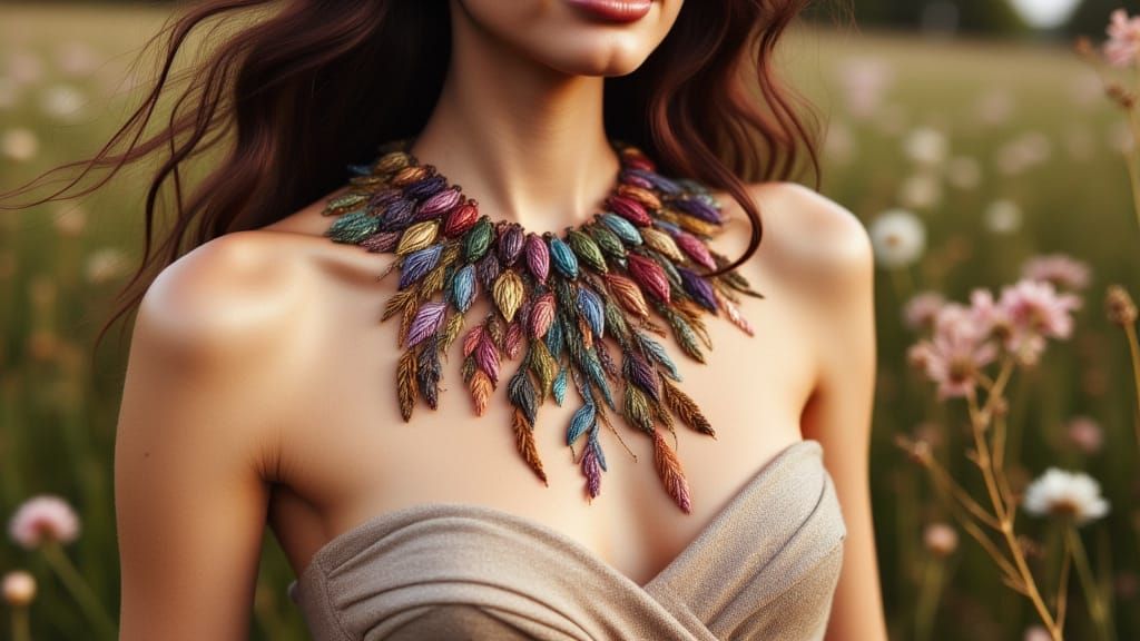 Boho Woman with Embroidered Rainbow Necklace