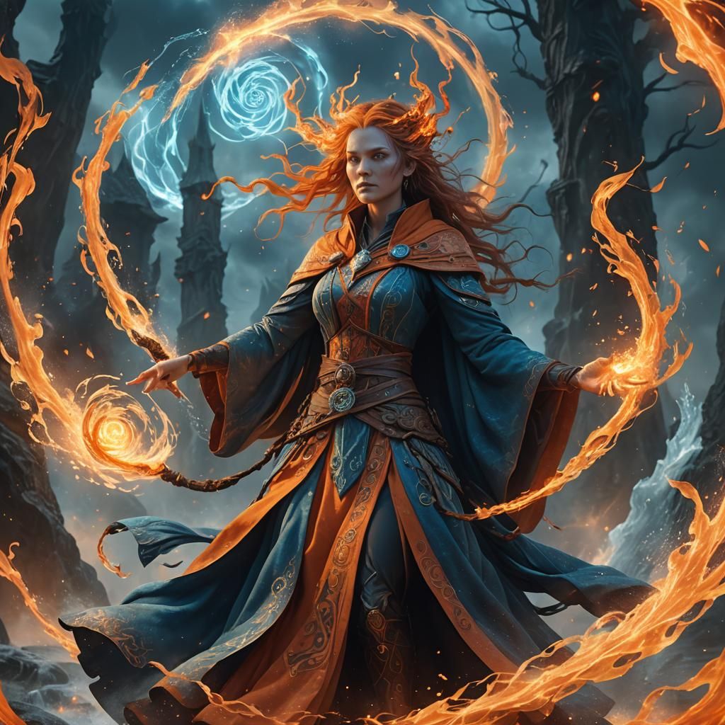 Elemental Witch Amidst Fire and Water Vortex