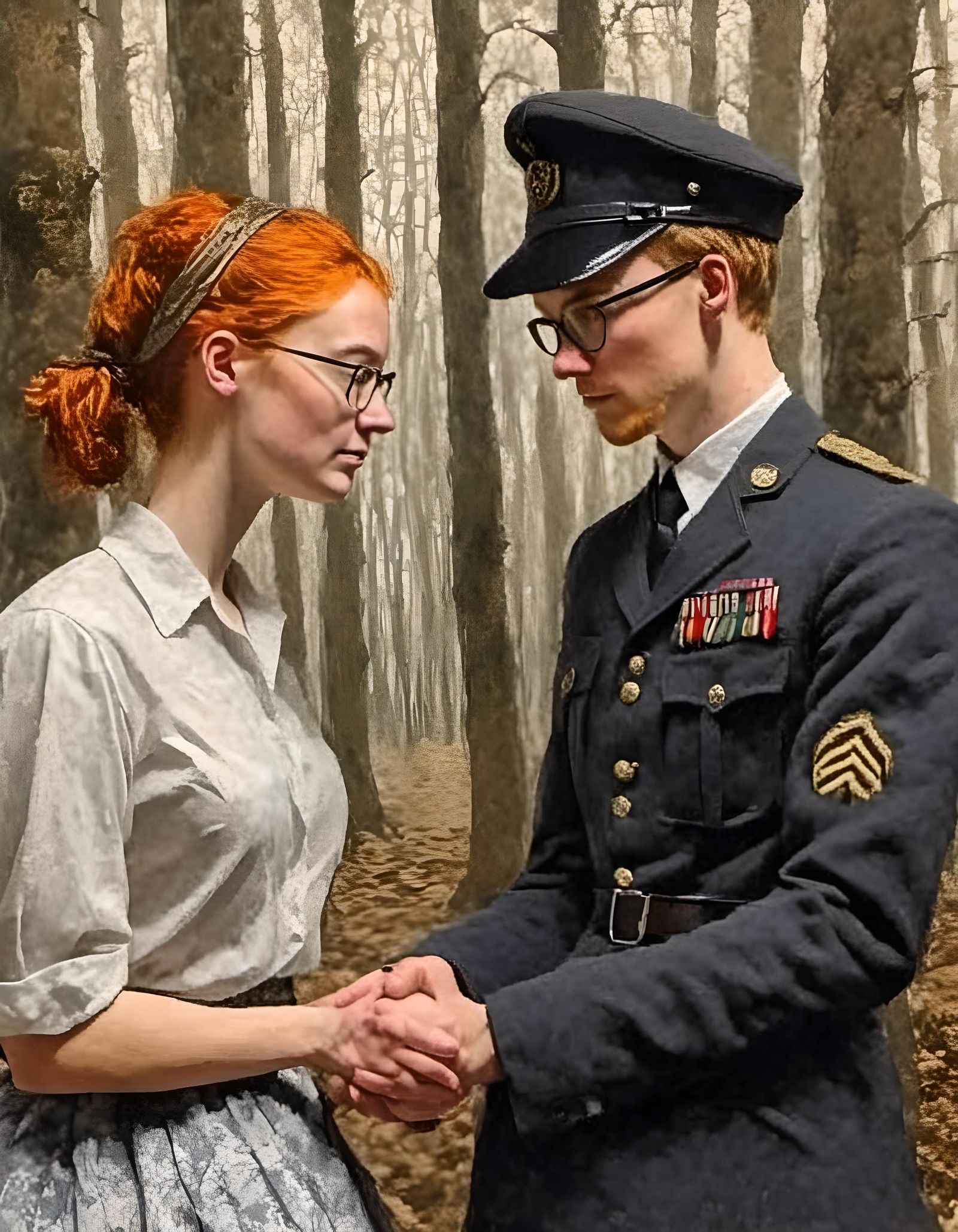 Soldier and Woman Holding Hands in WWII Setting