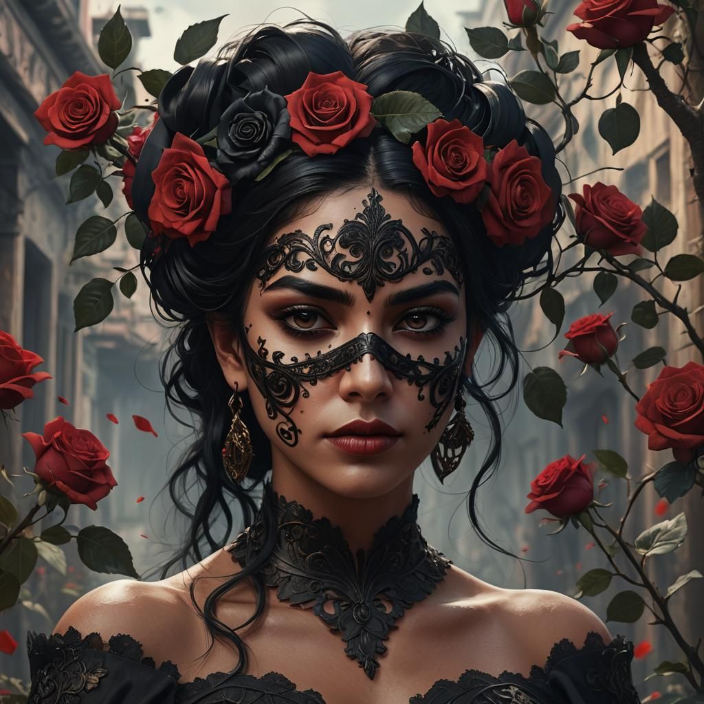 Beautiful Puerto Rican Woman with Roses, Detailed Digital Ar...