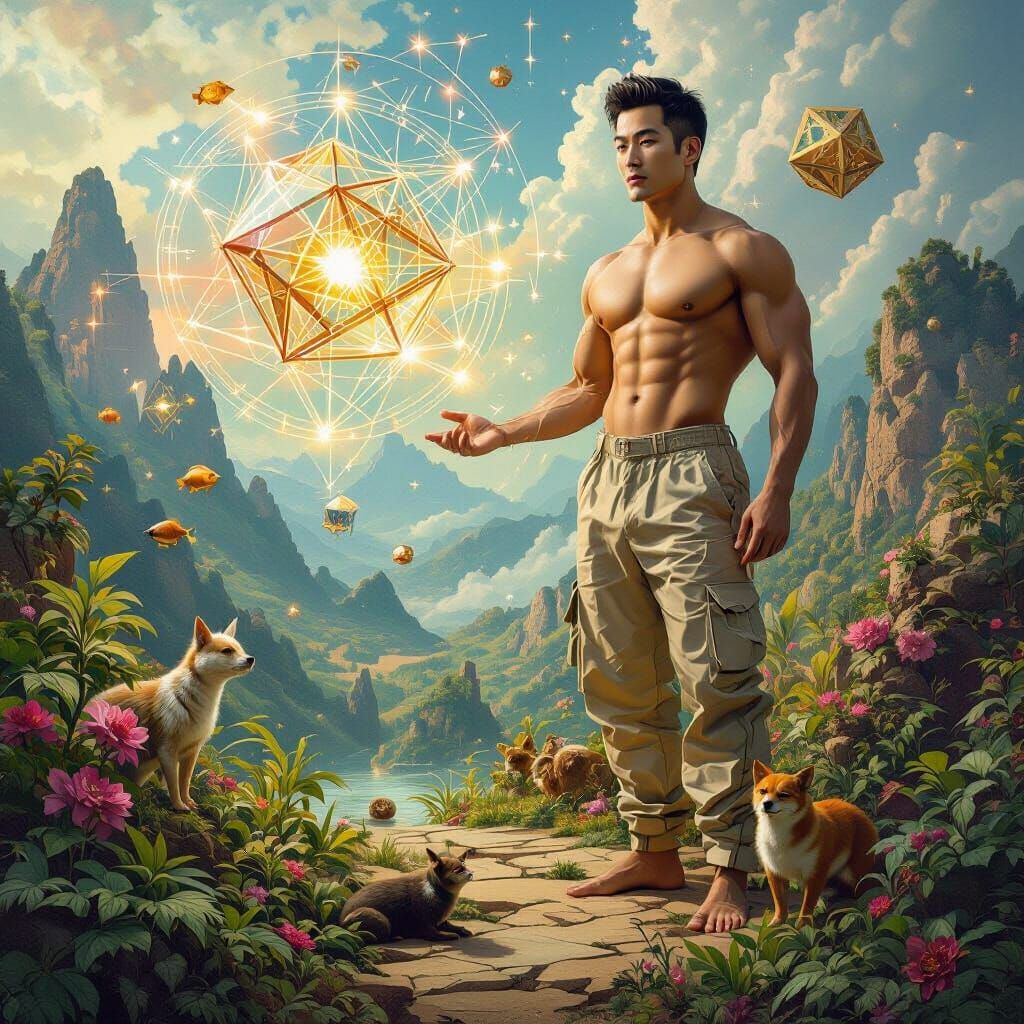 Surreal Mathematical Paradise with Muscled Man