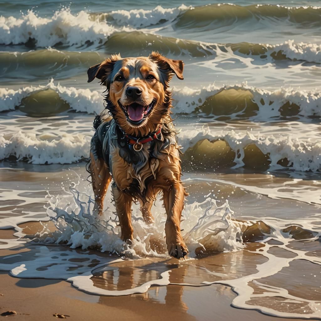 Hyperrealistic Dog Playing in Ocean Waves