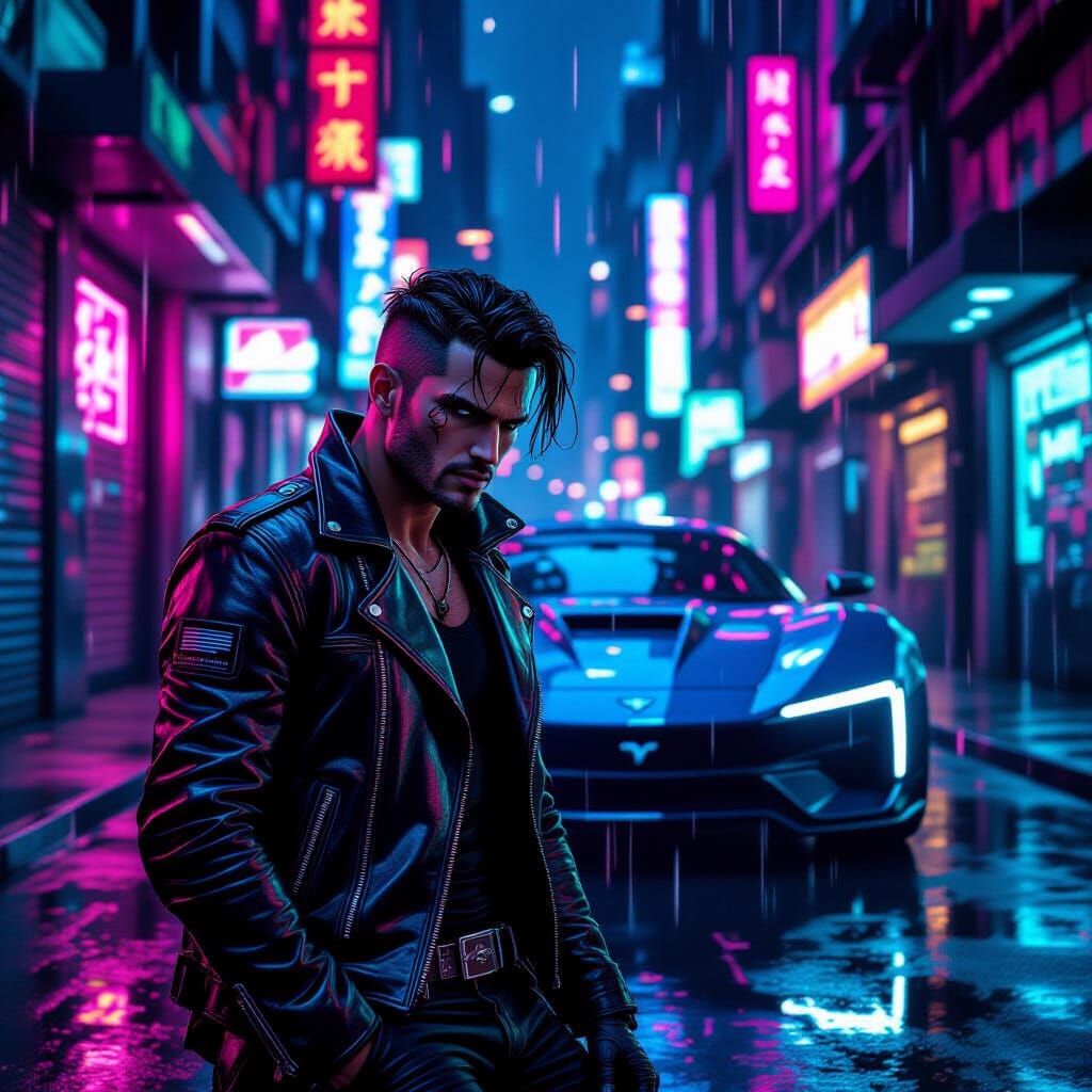 Cyberpunk Greaser in Rain-Soaked Neon Alleyway
