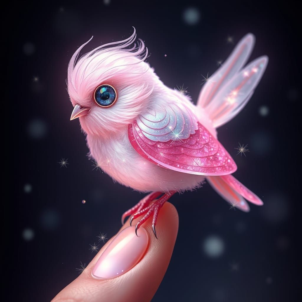 Mystical Pink Bird perched on Human Finger in Dreamlike Atmo...