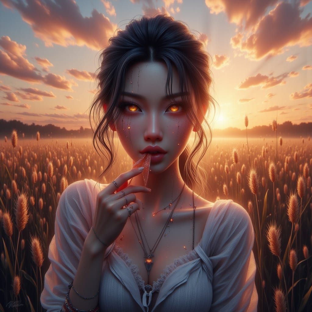 Korean Woman Chewing Sugarcane in Paddy Field