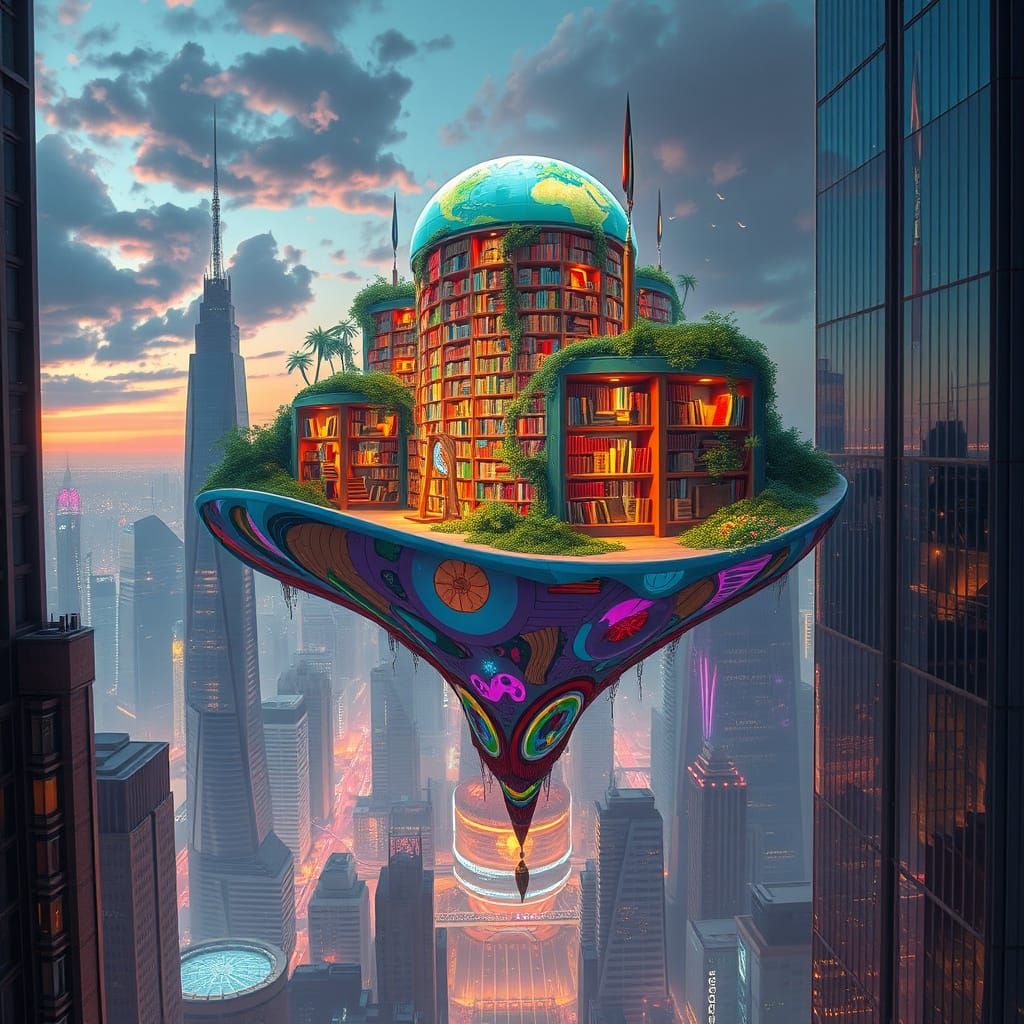 Floating Library Oasis Above Futuristic Cityscape