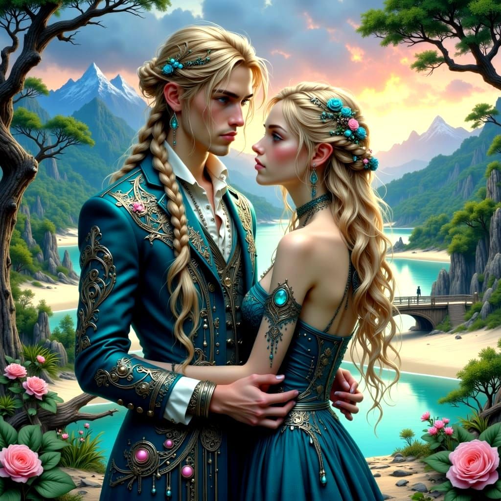 Elf Couple in Whimsical Fantasy Landscape