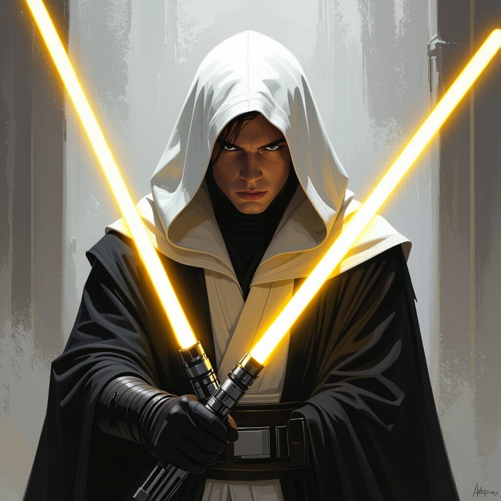 Young Jedi Master with Yellow Lightsaber in Dramatic Light
