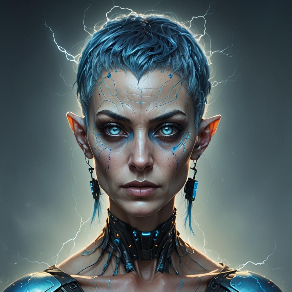 Electric-Skinned Alien Woman Portrait in Hyperrealistic Styl...