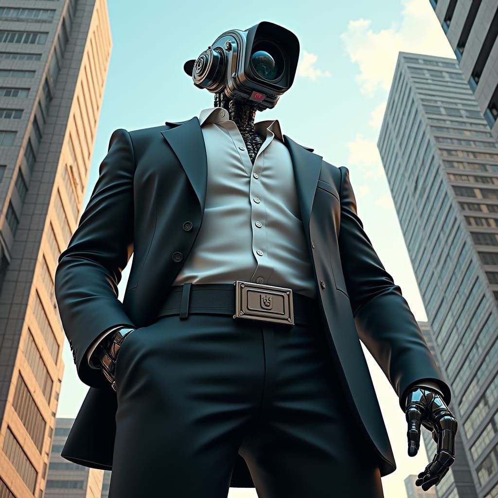 Colossal Robotic Cameraman in Sleek Black Suit