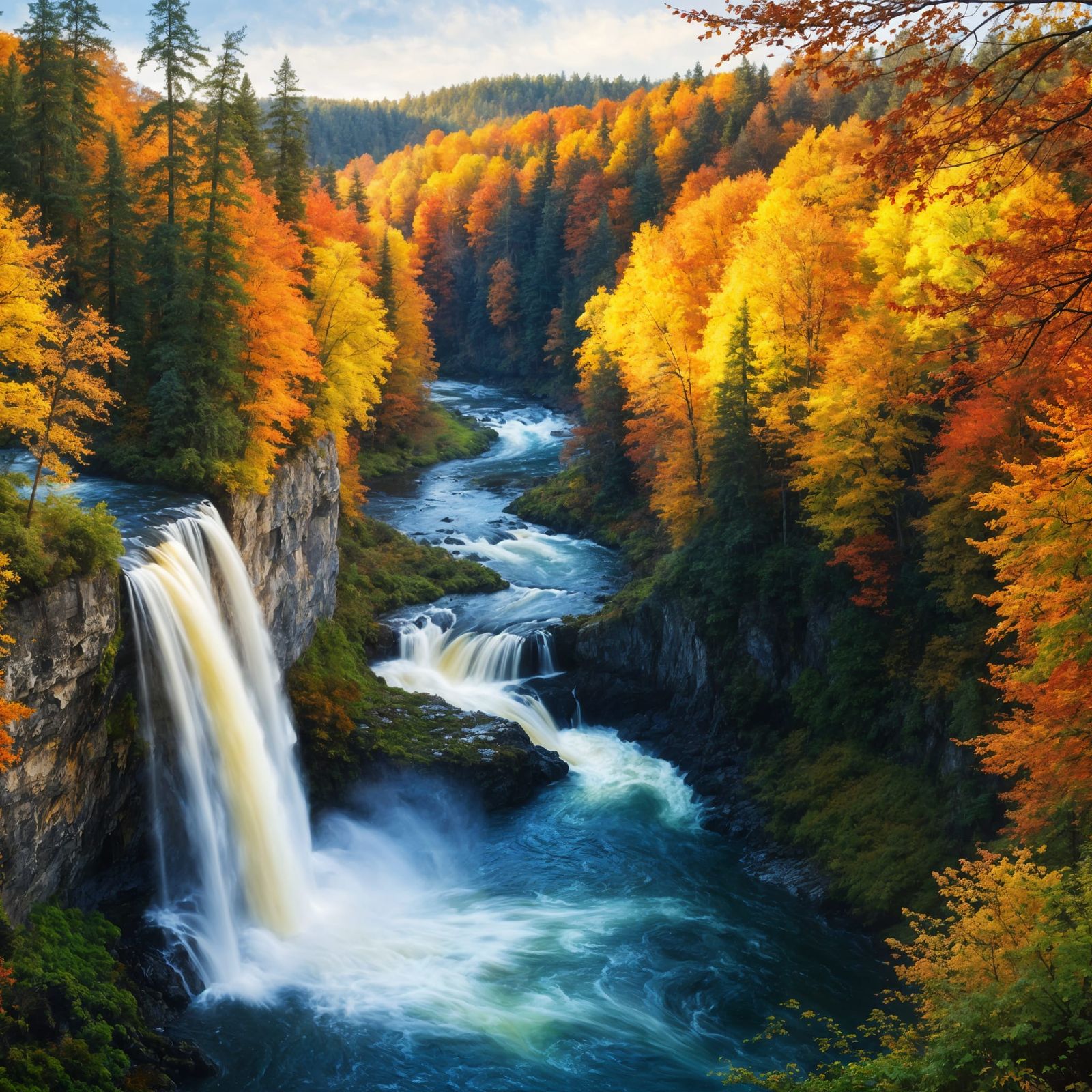 Autumn Waterfall in Forest, Impressionistic Style