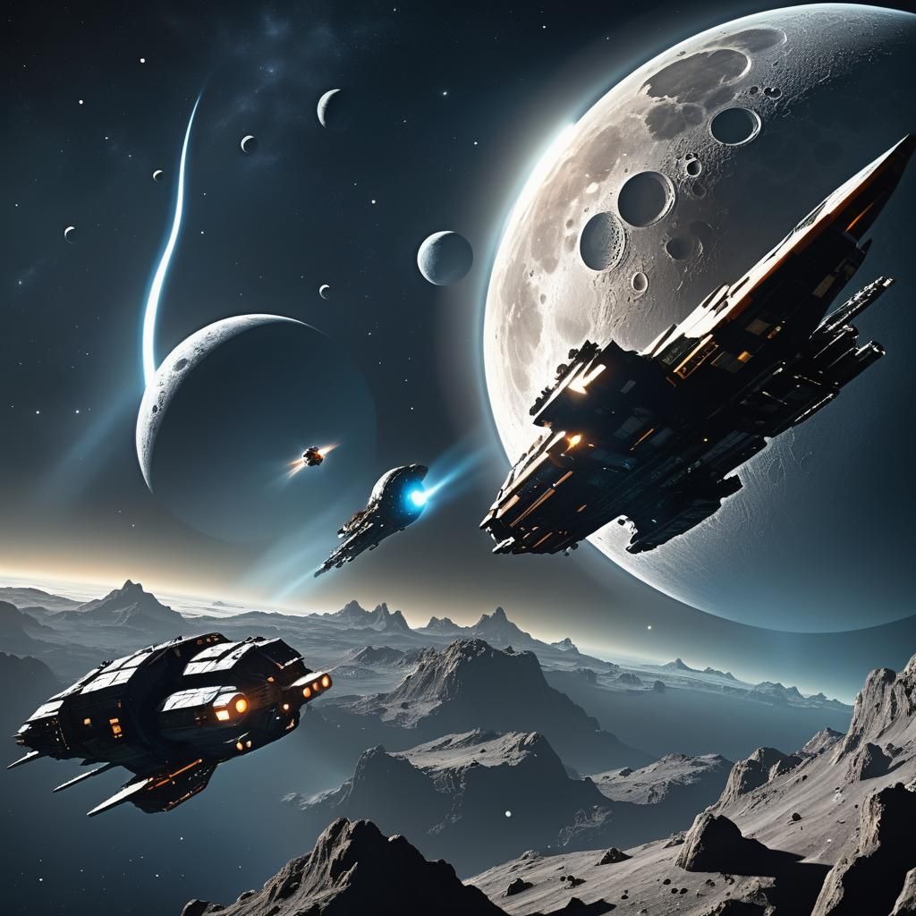 Space Freighter Evading Pirates Near Ringed Planet