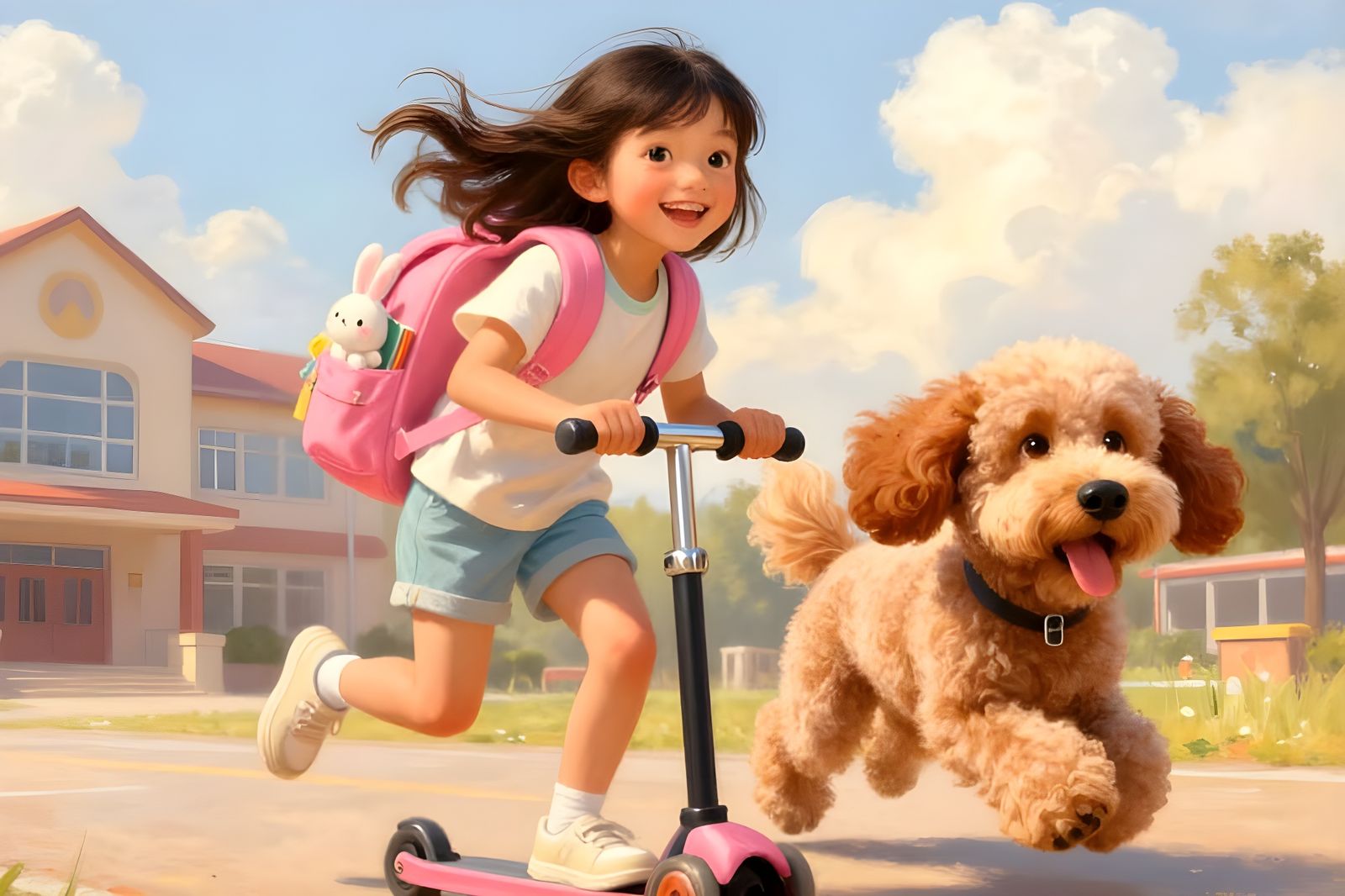 Joyful Girl Rides Scooter with Dog, Golden Hour Oil Painting