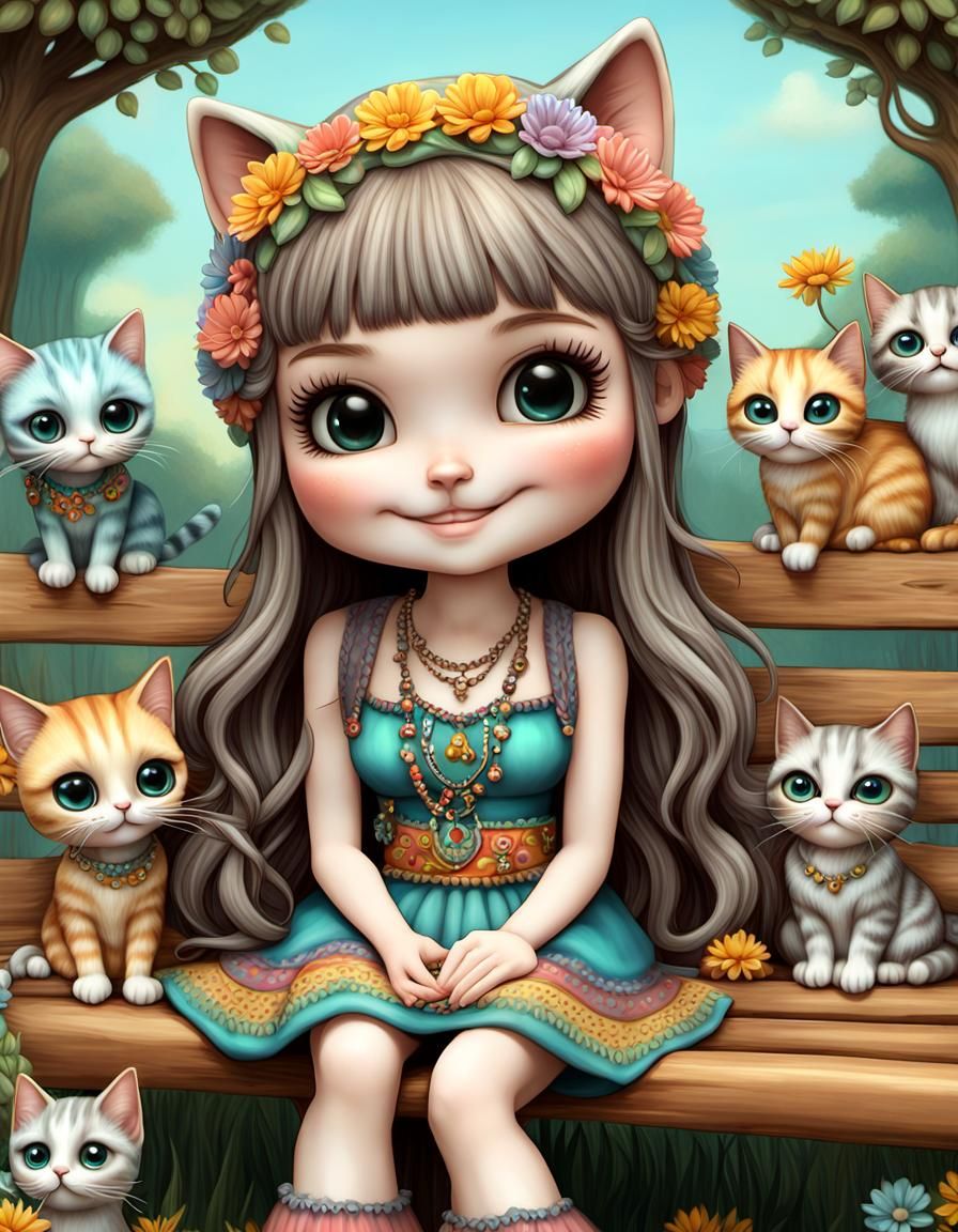 chibi hippie girl sitting on a bench with her feline friends