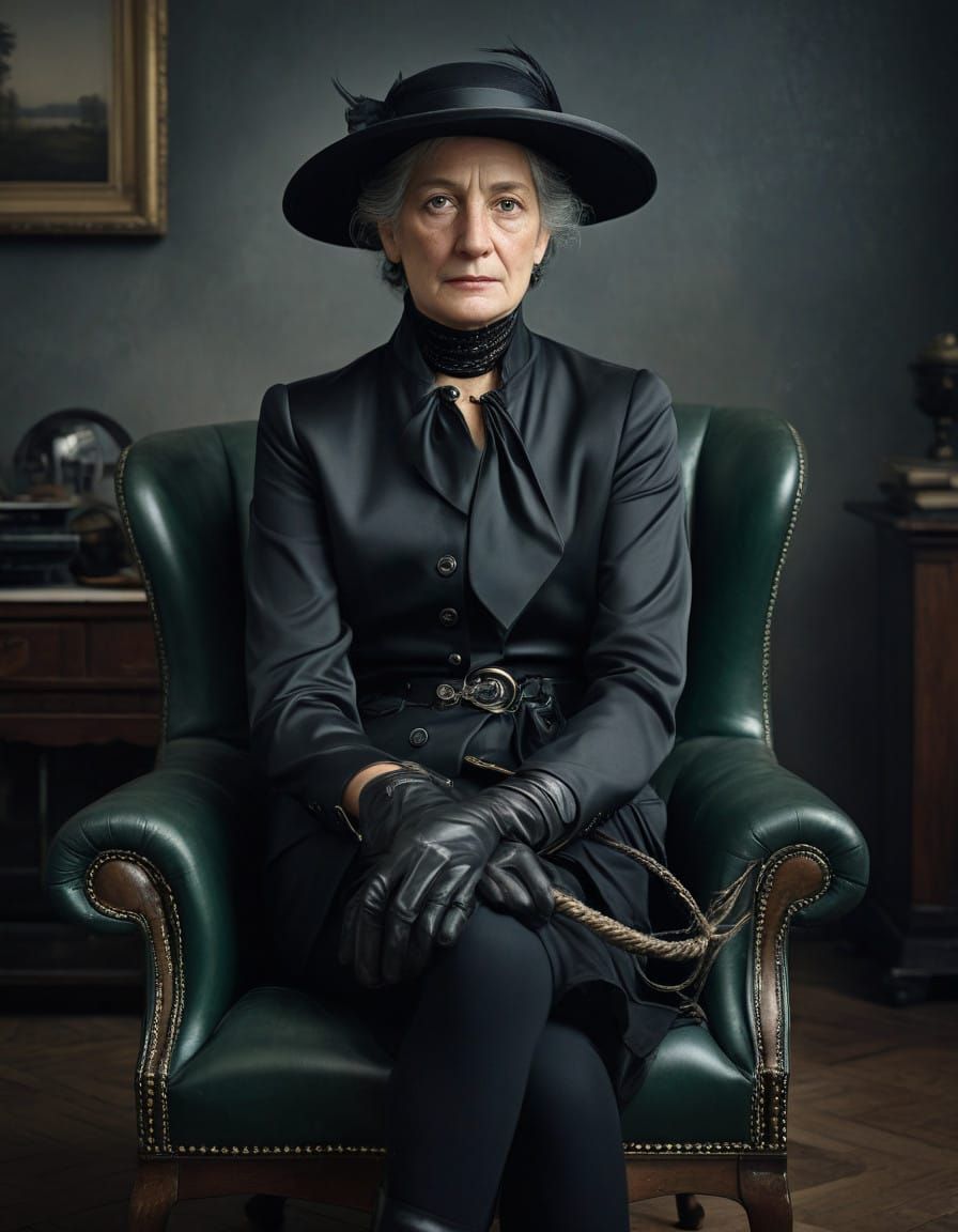 60 y/o mature woman, arrogant,  rider, amazon, black jacket,...