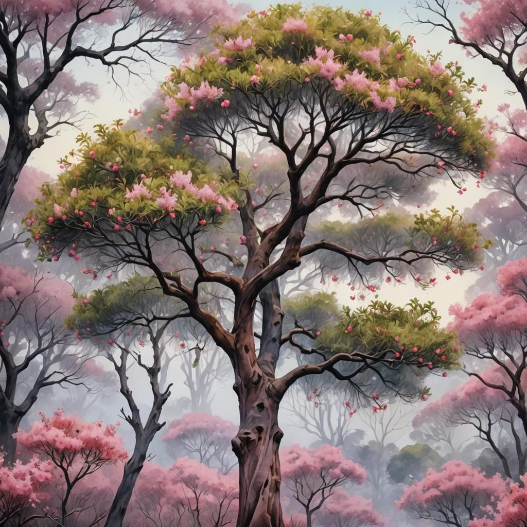 Pink Blossoms on Gumtree: Watercolor Digital Painting