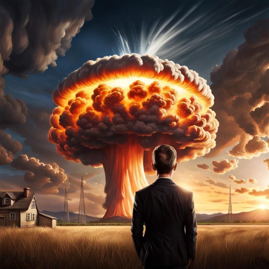 Oppenheimer Caricature with Nuclear Explosion, Whimsical Art