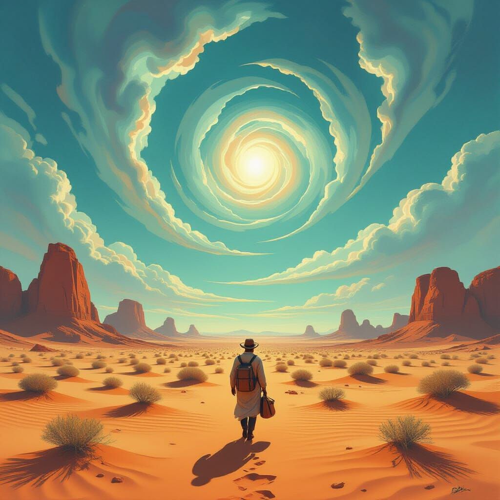 Surreal Desert Traveler in Alien Landscape