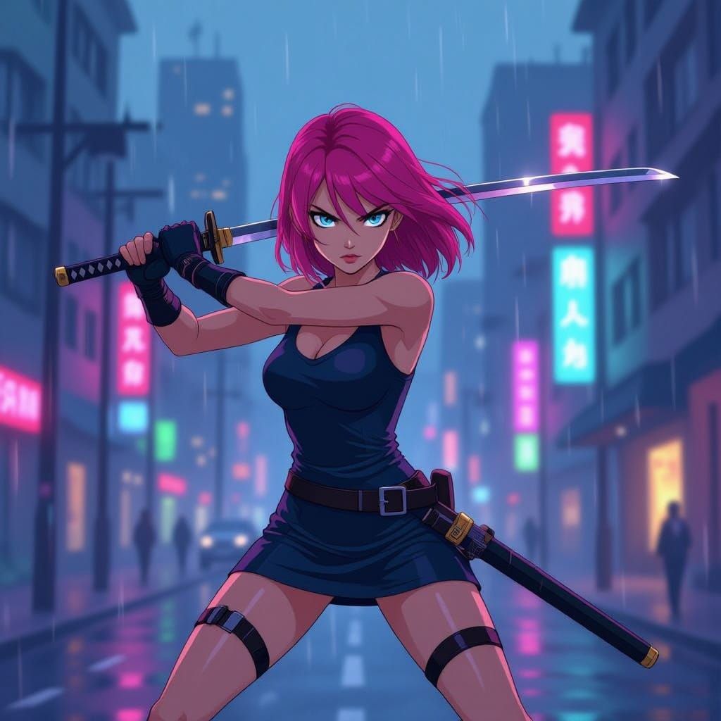 Anime Warrior Girl in Neon City