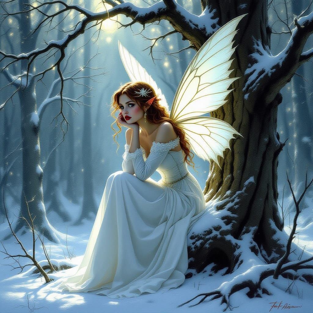 Fairy in Winter Forest as Impasto Painting