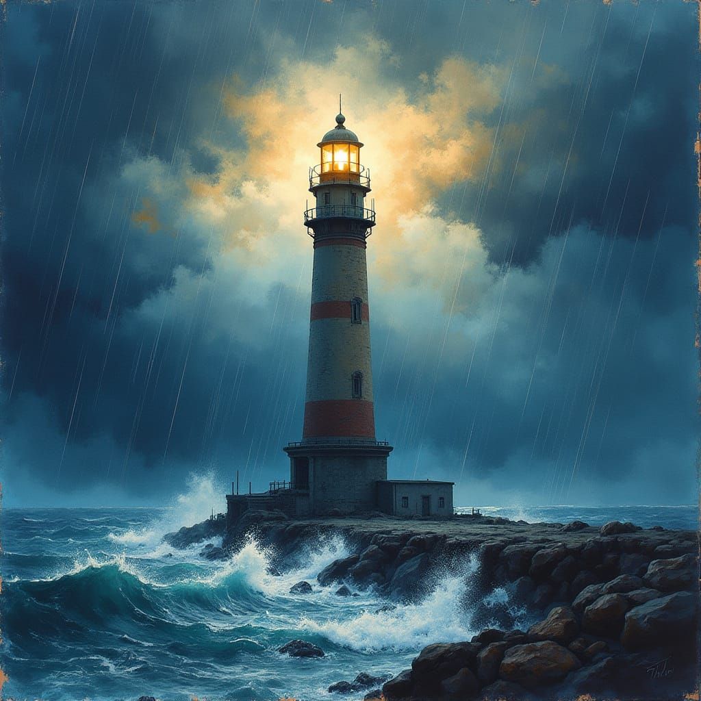 Lighthouse in Turbulent Stormy Weather, Fine-Tuned Watercolo...