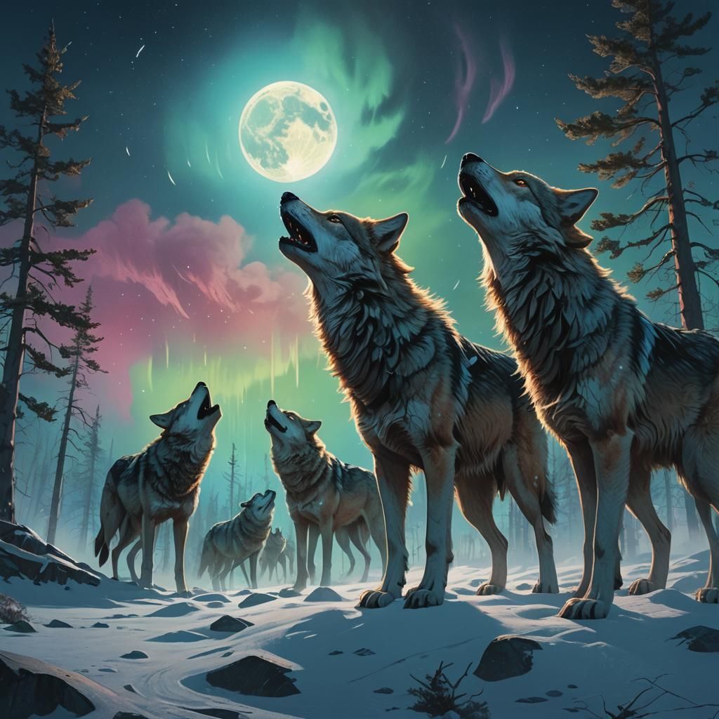 Wolf Pack Howling at Aurora Moon