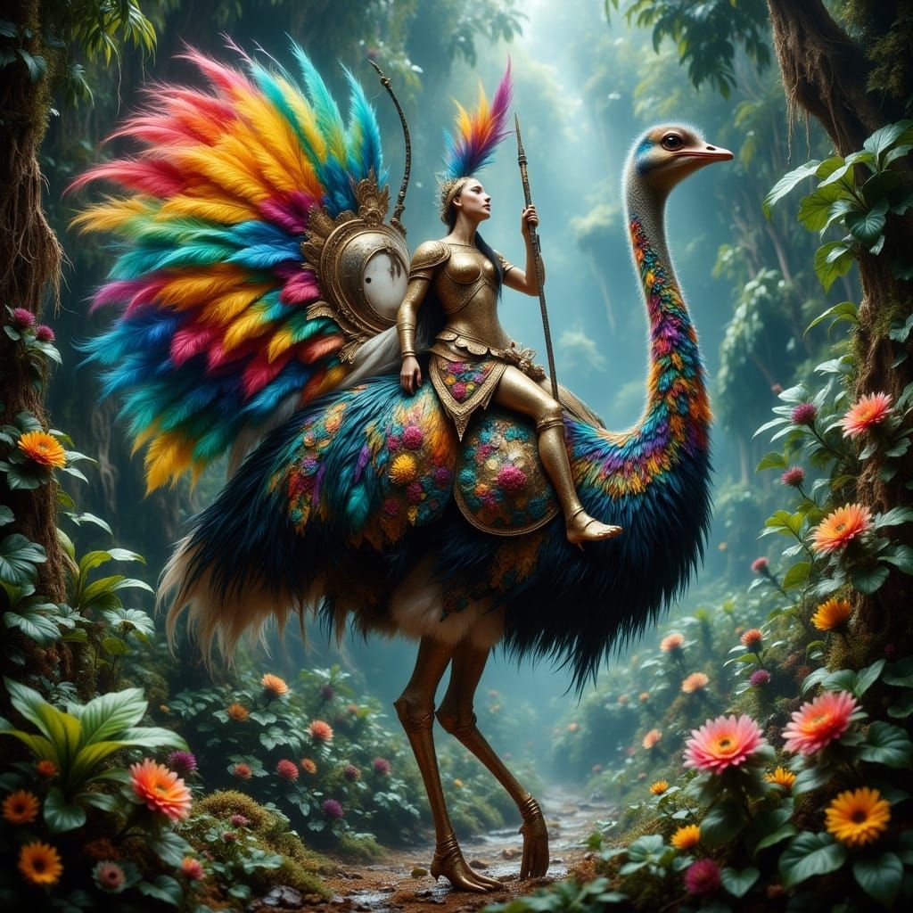 Warrior Princess on Armored Ostrich in Jungle Dreamscape
