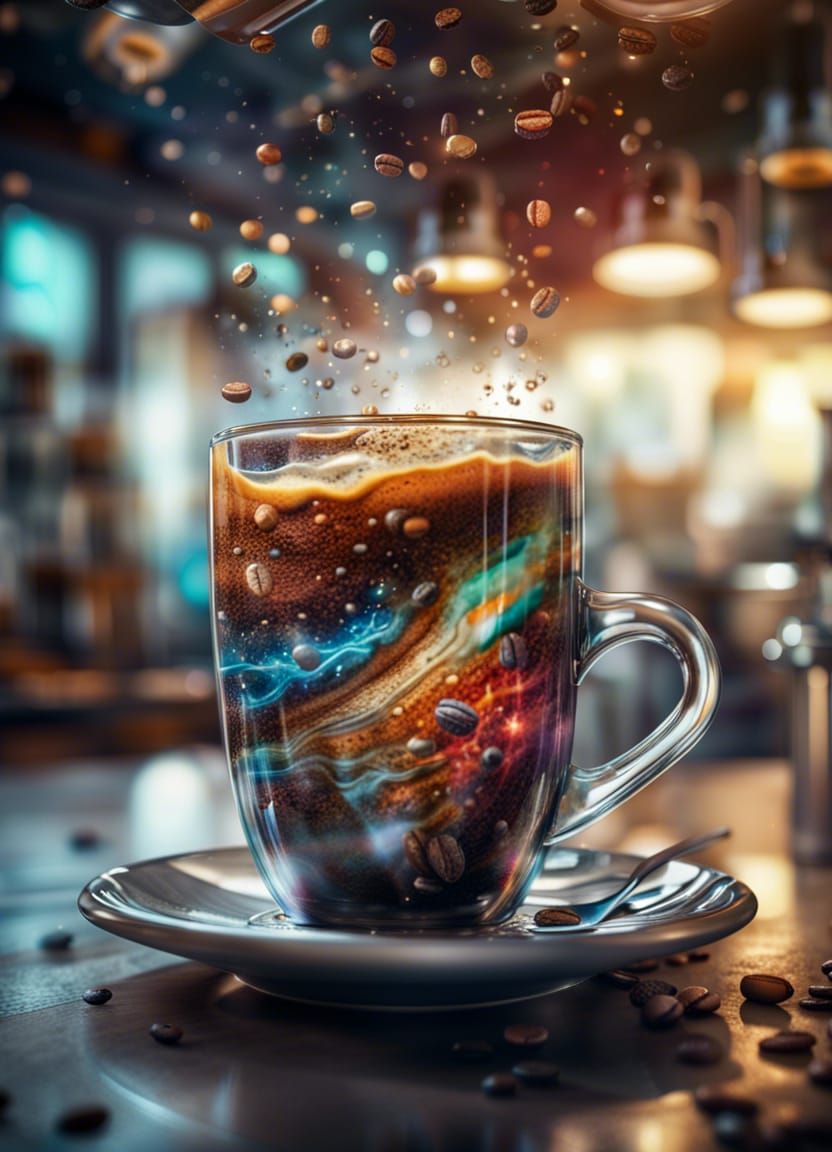 Coffee Restaurant in Space: Hyperrealistic Color Depth