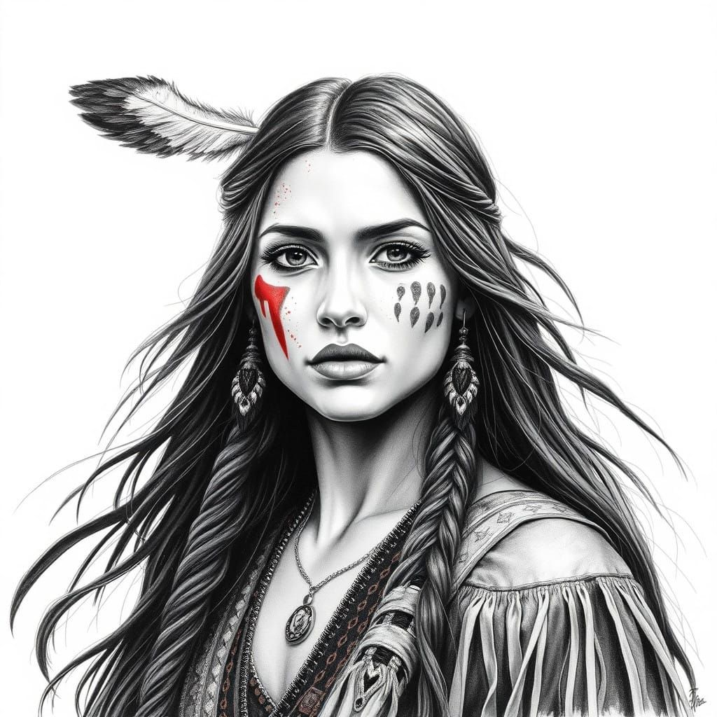Native American Warrior Woman in Charcoal Drawing
