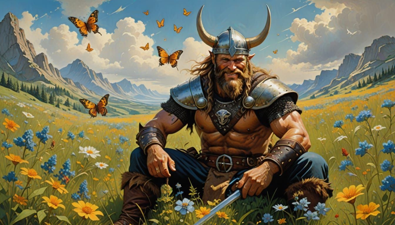 Viking Warrior in Vibrant Wildflower Meadow