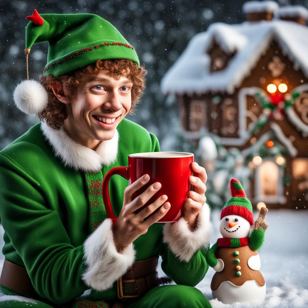 Festive Christmas Elf Portrait with Snowman