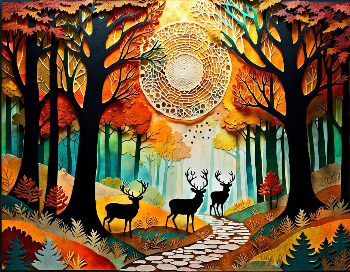 Painterly Autumn Forest Scene in Paper Collage Style